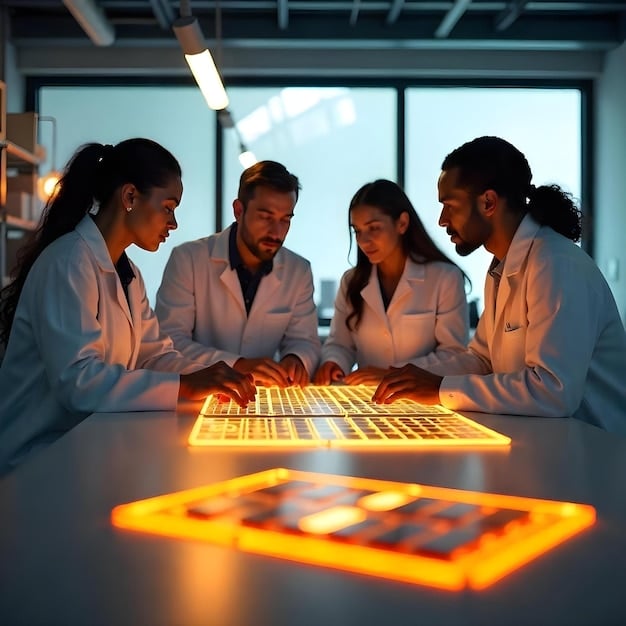 A diverse team of engineers and scientists collaborating in a state-of-the-art semiconductor lab, with advanced equipment and chip designs visible in the background, representing the collaborative research environment fostered by the CHIPS Act.