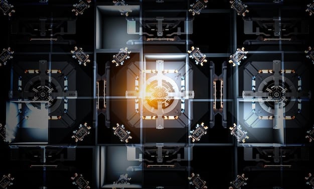 A digital representation of data streams flowing into a vault secured with digital locks. The background features a network of interconnected nodes, symbolizing data governance and privacy protection in AI.