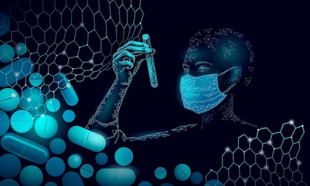 A graphical representation of an AI neural network analyzing drug compounds in a virtual lab setting, highlighting the data streams and algorithms involved in the drug discovery process.