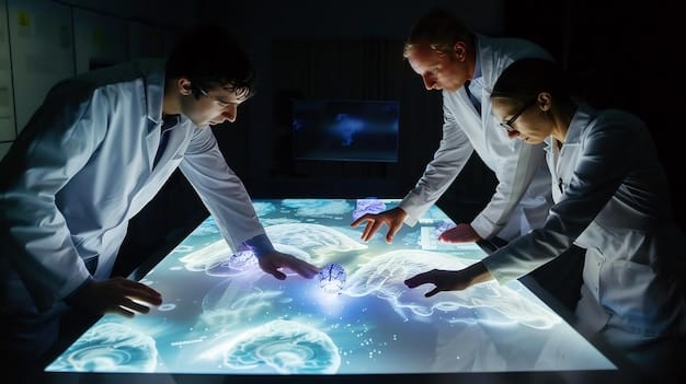 A diverse group of scientists and researchers collaborating around a holographic display showing the output of an AI algorithm, emphasizing the importance of diverse perspectives in mitigating bias in AI for drug discovery.