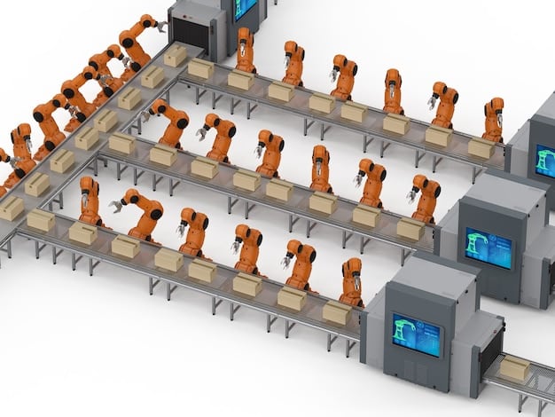 A simulated factory environment where multiple robots are working collaboratively on an assembly line, each controlled by a reinforcement learning algorithm that optimizes their individual tasks and overall coordination.