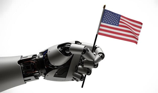 A robotic arm holding a glowing circuit board over a map of the United States, symbolizing the automated and technological aspects of AI-driven cybersecurity research in the US.