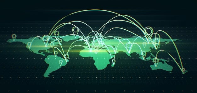A graphic depicting a digital global map with interconnected lines representing the flow of goods and data across the supply chain, highlighting the real-time tracking and monitoring capabilities of AI.