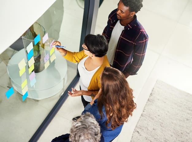 A diverse team of professionals collaborating in a modern office space, interacting with a holographic display showing complex algorithms and data visualizations, depicting the use of AI in collaborative work environments.
