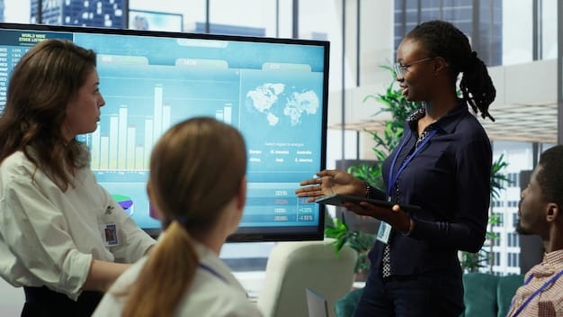 A diverse group of professionals collaborating around a large interactive screen displaying predictive analytics data. The scene captures a brainstorming session with sticky notes, data charts, and real-time market updates, illustrating data-driven decision-making.