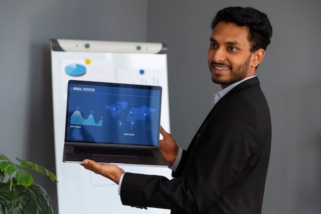 A business analyst presenting a report on ROI analysis of AI projects using charts and graphs, with a focus on cost savings and revenue growth.