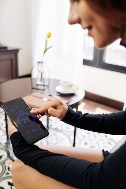 A close-up of a smart thermostat with AI-powered features. The thermostat is displaying energy-saving tips and personalized temperature settings based on user preferences.