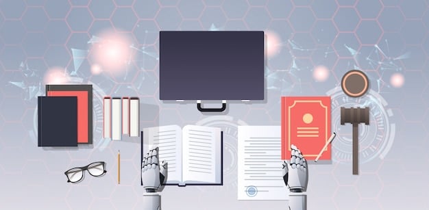 A stylized image representing an AI-powered robot arm assisting a lawyer in organizing and filing legal documents in a digital database.