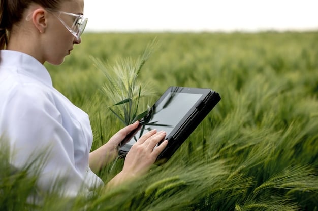 A close-up shot of a sensor in a field, transmitting data to a central AI-powered system that analyzes the information to optimize irrigation and fertilization.