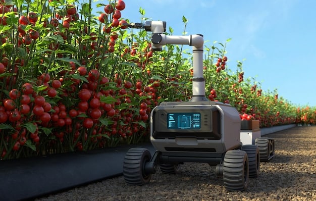 An AI-powered robot autonomously harvesting ripe tomatoes in a greenhouse, demonstrating the precision and efficiency of automated farming systems.