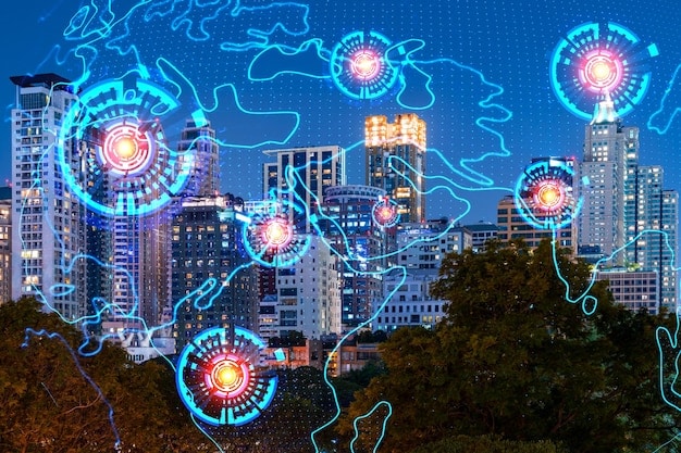 A futuristic cityscape with floating data streams and interconnected nodes, representing the seamless flow of data in an AI-driven world, and the need for strong data governance.