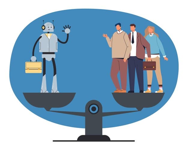 A stylized image depicting a digital scale, one side loaded with resumes and the other side showing a robotic arm holding a balanced weight, symbolizing fairness and impartiality in AI-driven hiring.
