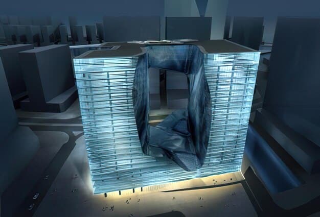 A futuristic cityscape with a data privacy shield hovering over it, symbolizing the protection of personal information in AI-driven recruitment processes.
