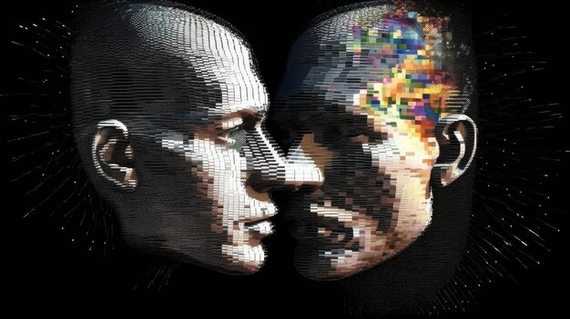 A conceptual image showing diverse human faces pixelated and interconnected, with a central AI brain emitting light threads that connect to each face. Each connection represents a different ethical consideration, such as bias detection, data privacy, and algorithmic transparency. The color scheme blends grayscale for the human elements and vibrant blues and greens for the AI components.