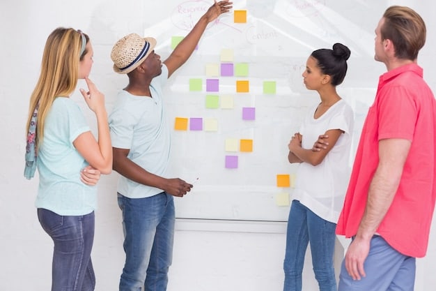 Depicts a diverse group of professionals participating in a workshop, with sticky notes covering a whiteboard, each containing key ethical considerations in AI.
