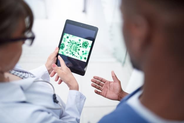A doctor explaining the results of a scan to a patient, with an AI-generated report displayed on a tablet. Focus on the patient-doctor interaction and the role of AI in facilitating communication.