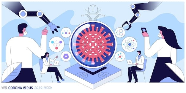 An illustration depicting AI-powered drug discovery for cancer treatment. The image shows scientists using AI interfaces to analyze molecular structures and identify potential drug candidates that can target specific cancer cells. The environment is a modern laboratory with advanced computational resources.