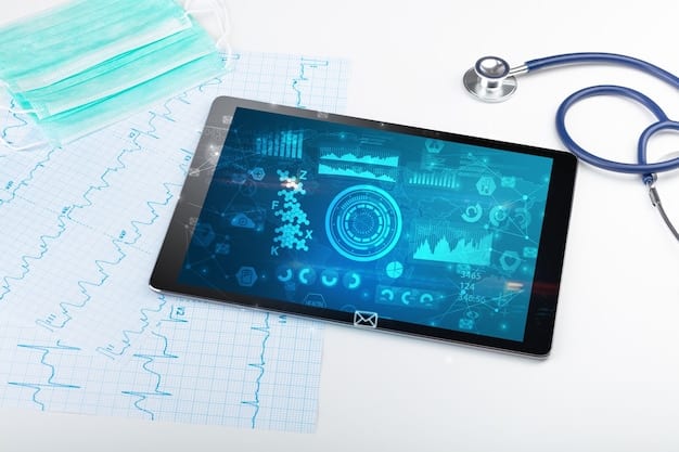 A doctor reviewing a patient's data on a tablet, generated from remote monitoring devices, with an AI interface highlighting key trends and anomalies.