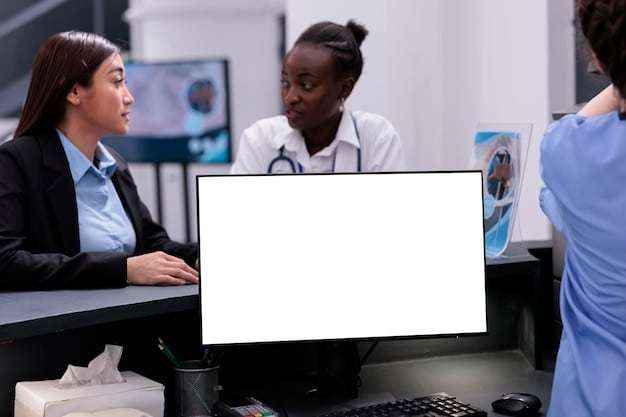 A diverse group of healthcare professionals collaborating around a large screen displaying real-time patient data from remote monitoring devices.