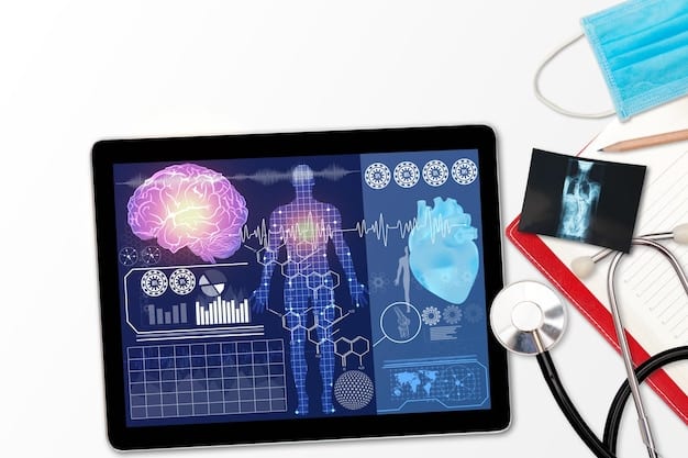 A representation of a computer screen showing complex data visualizations of a patient's genetic profile, with AI algorithms suggesting personalized treatment options based on the analysis.