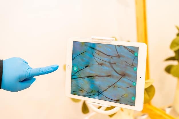 A close-up of a doctor using a tablet to view AI-enhanced medical data, showing a patient's scan with highlighted areas of interest.