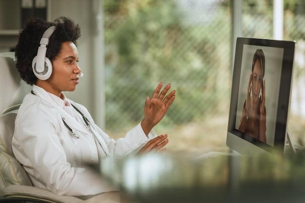 A doctor is consulting with a patient via a telehealth platform, effectively providing care remotely. The scene showcases the ease and convenience of telehealth and how it improves healthcare access.