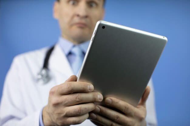 A close-up shot of a doctor's hands using a tablet to review an AI-generated patient report, focusing on the doctor's thoughtful expression as they consider the ethical implications.