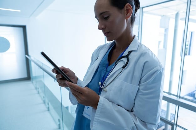 A doctor reviewing data insights from an AI chatbot summary of patient interactions, showing improved remote monitoring and data-driven healthcare decisions.