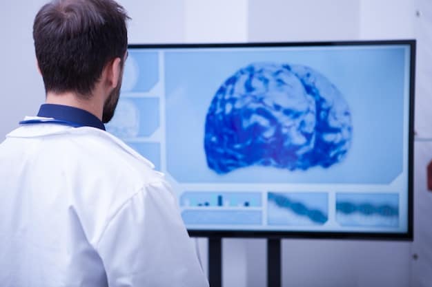 A close-up image of a doctor examining a medical scan of a brain, with AI algorithms highlighted, to symbolize the use of AI for diagnostics and personalized medicine in healthcare.