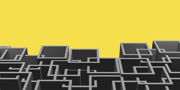 A depiction of a digital maze, with roadblocks and warning signs representing the challenges and risks associated with AI investments in healthcare, such as data privacy, regulatory compliance, and algorithmic bias.