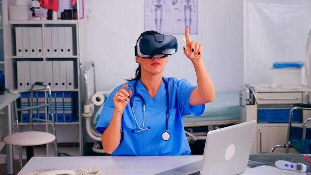 A medical student wearing a VR headset and interacting with a virtual patient simulation, while monitoring vital signs and other medical data displayed on the screen.