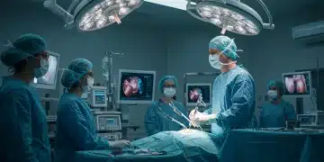 AI-powered surgical robot performing an operation with a medical team observing