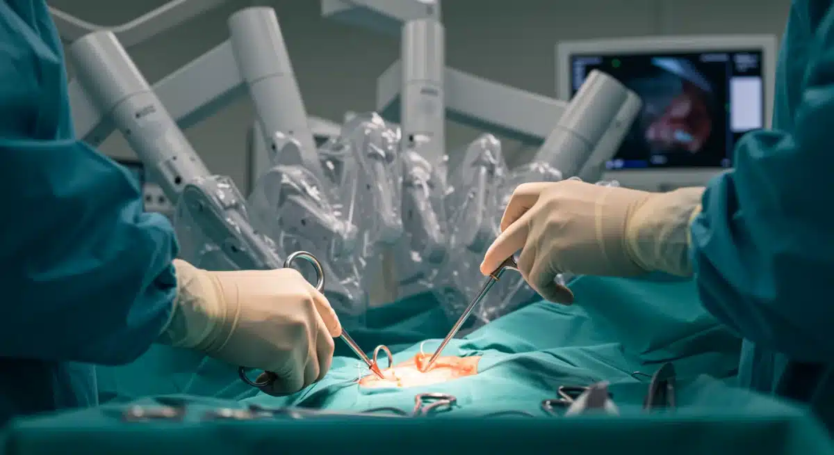 Surgeon operating AI robotic console for precise surgery