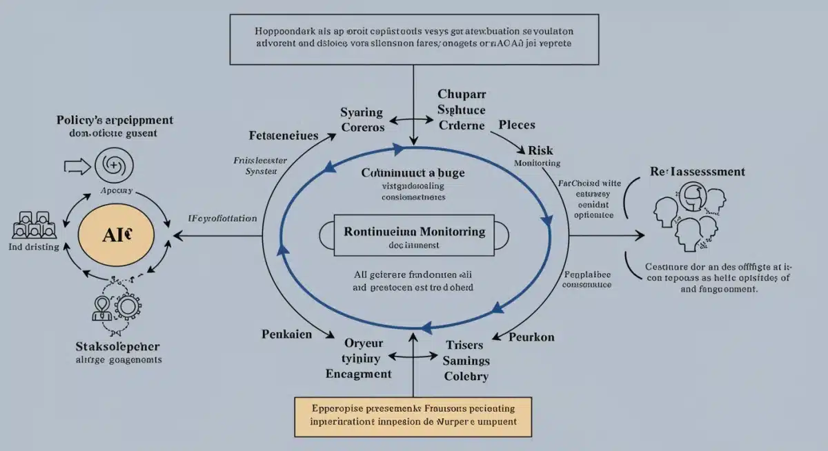 Diagram showing an adaptive AI governance framework with interconnected components like policy, risk, monitoring, and stakeholder feedback.