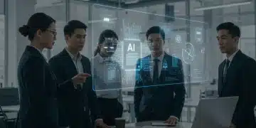 Business professionals analyzing AI regulations and compliance documents on a holographic screen in a corporate office.