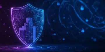 Futuristic AI cybersecurity shield protecting a US business data network in 2025