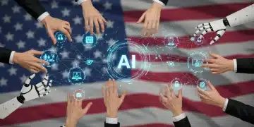 Illustration of AI governance, showing human and robotic hands managing complex AI systems with ethical oversight in a US context.