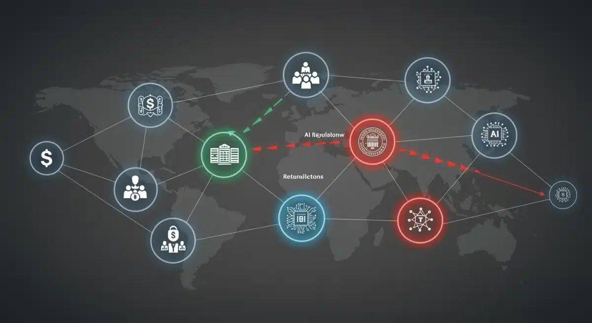 Diagram illustrating the intricate web of AI regulatory frameworks and compliance pathways for US businesses.