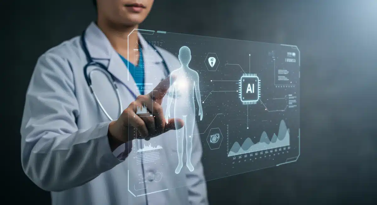 Doctor reviewing patient data on holographic display, AI anonymizing sensitive information for privacy.