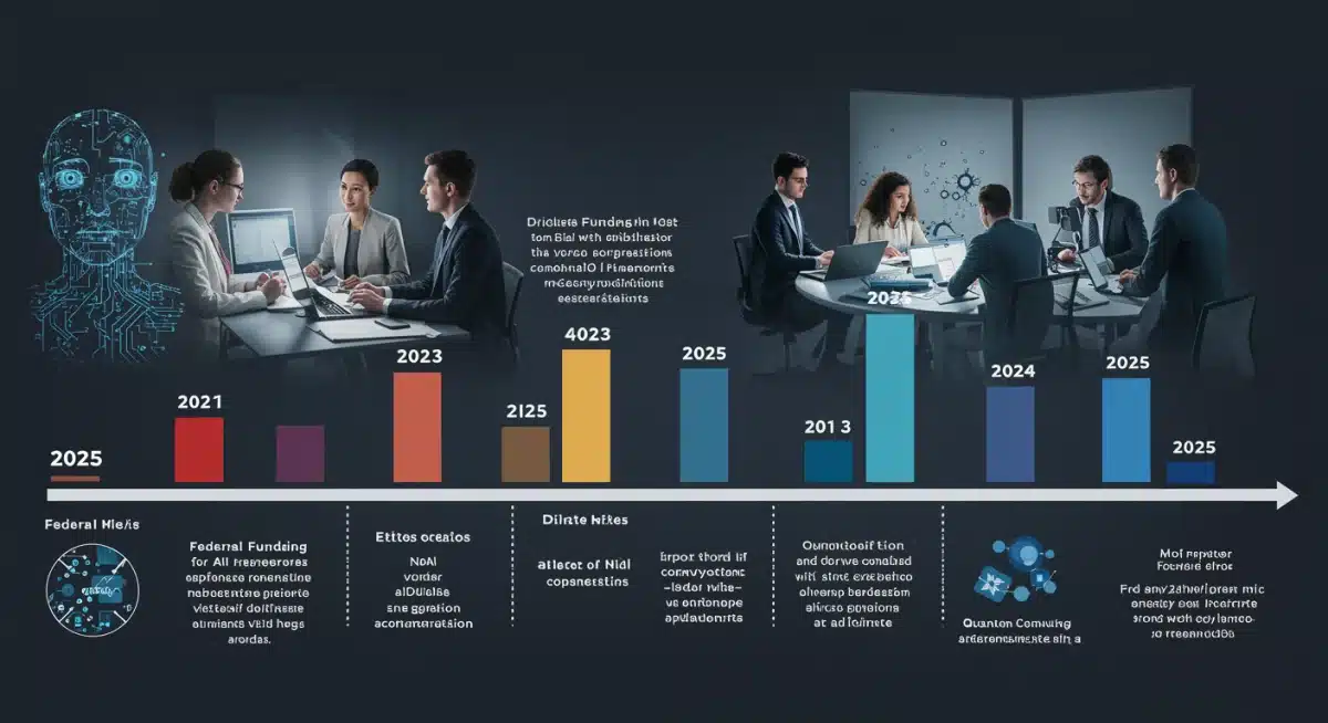 Timeline graphic illustrating increasing US federal funding for ethical AI and quantum computing research leading into 2025.