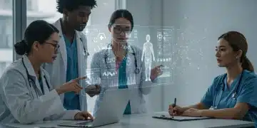 Healthcare professionals reviewing AI telehealth guidelines on a holographic screen