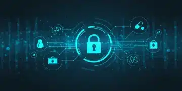 Secure AI network in healthcare with padlock icon, symbolizing HIPAA compliance and data privacy.