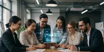 Small business owners reviewing AI analytics on a tablet, symbolizing efficiency