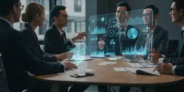 Business leaders analyzing predictive analytics data on a holographic interface for cost reduction in 2026.