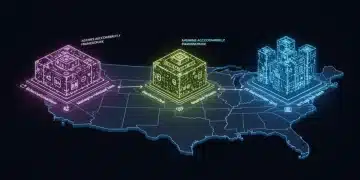 Three AI accountability frameworks converging on a digital map of the United States, symbolizing 2026 adoption.
