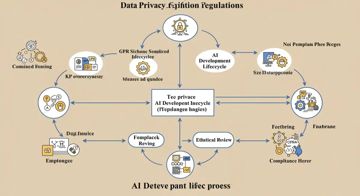 Flowchart illustrating the integration of data privacy regulations, AI development, and ethical review for compliance.