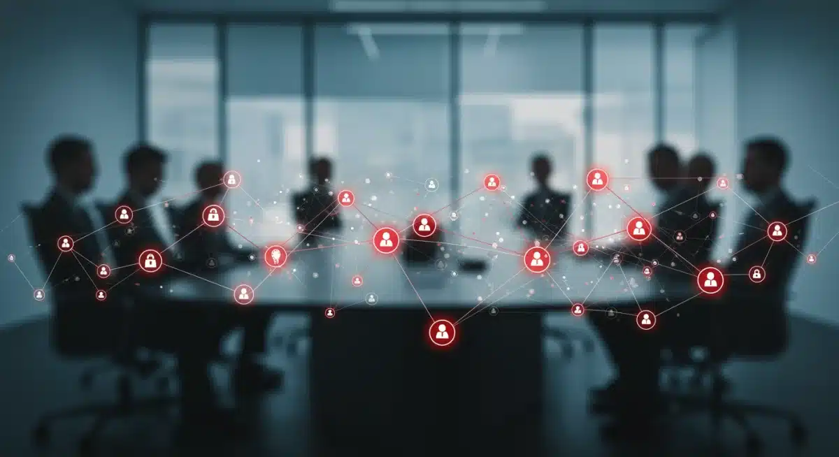 Complex AI network with highlighted ethical breach points and boardroom silhouette.