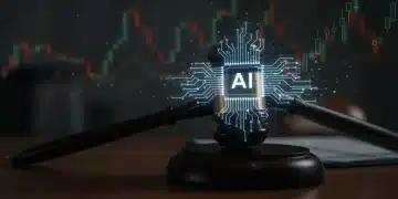 Gavel on legal desk with AI circuit overlay symbolizing severe financial penalties for AI non-compliance.