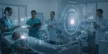 Futuristic hospital room with AI monitoring patient data to prevent readmissions