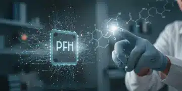 AI neural network with molecular structures in a research lab setting